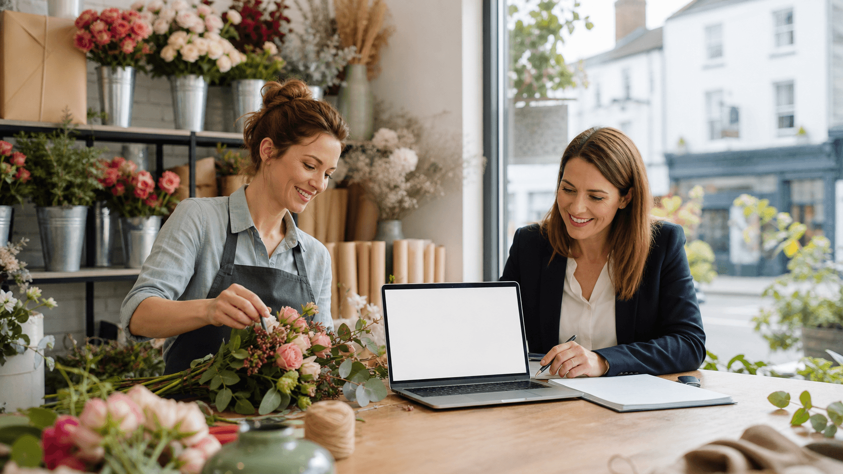 Smiling sole trader reviews paperwork and calculator at a bright desk with a laptop and green plant.