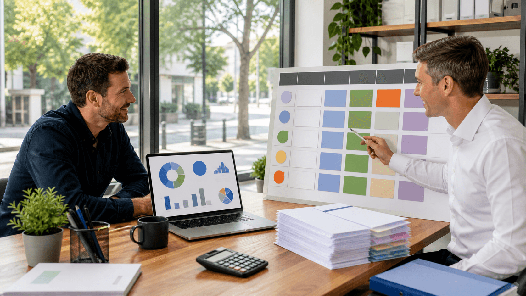 Desk calendar with payroll documents, calculator, and pen on a blue background with monthly dates highlighted