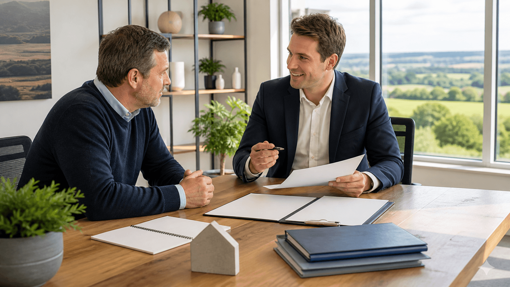 Business owner reviewing financial charts with an accountant at a bright office desk.