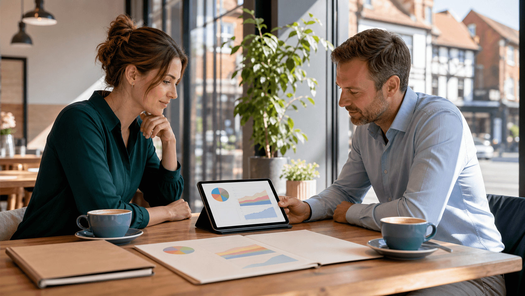 Business owner reviewing financial charts with an accountant at a bright desk, laptop and calculator nearby.