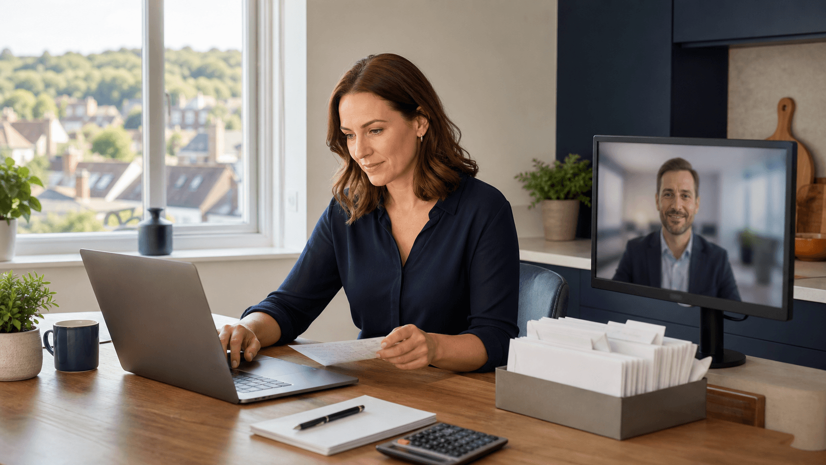 Open ledger and calculator on a wooden desk beside a laptop, with warm sunlight and a coffee mug in the background.